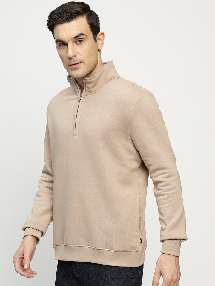 Hancock Men Beige Solid Cotton Rich Regular Fit Casual Sweatshirt