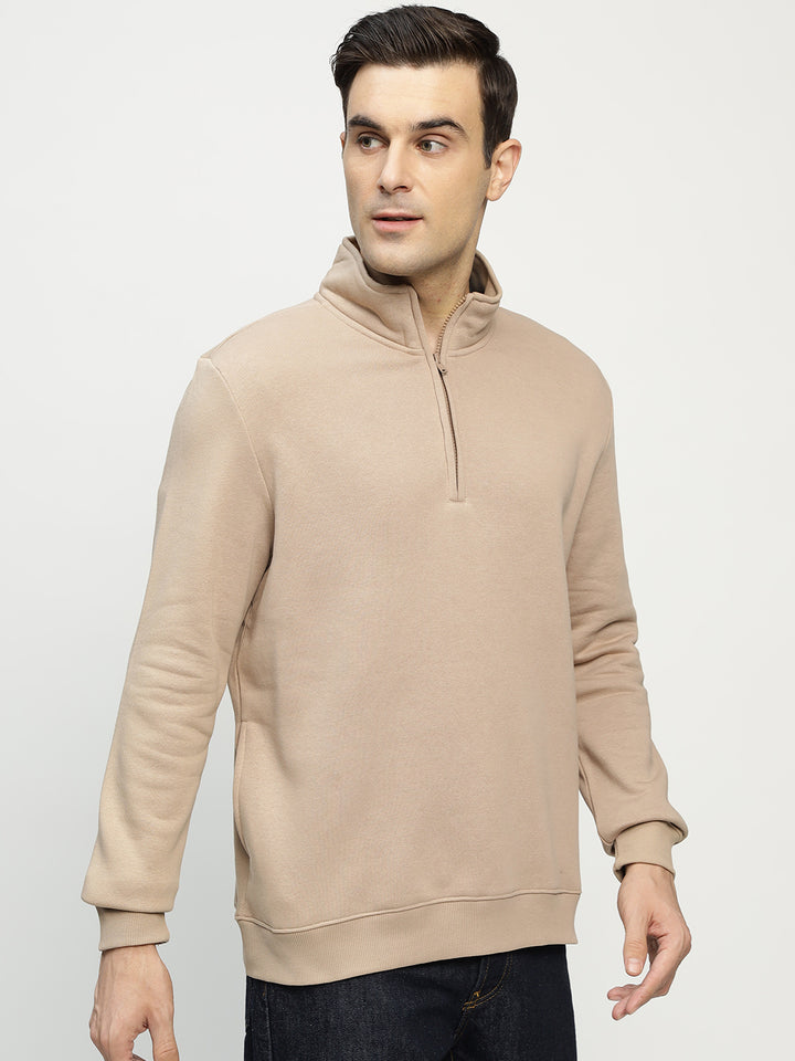 Hancock Men Beige Solid Cotton Rich Regular Fit Casual Sweatshirt