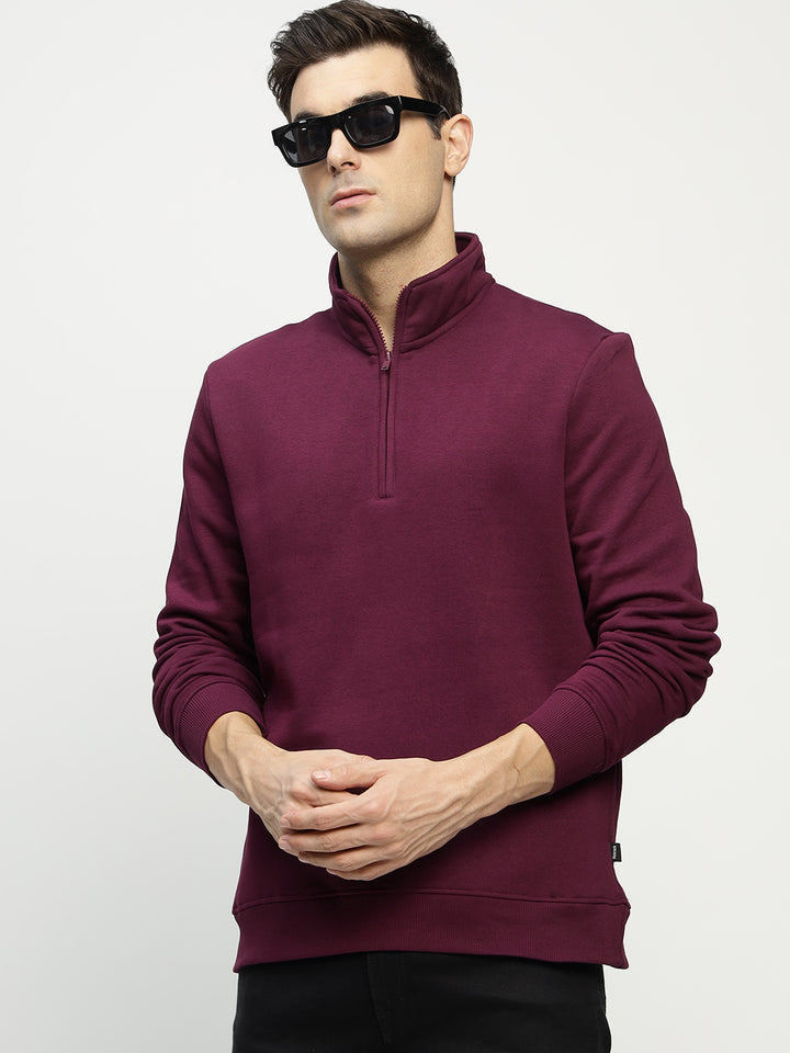 Hancock Men Burgundy Solid Cotton Rich Regular Fit Casual Sweatshirt