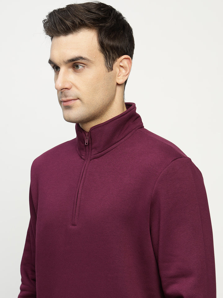 Hancock Men Burgundy Solid Cotton Rich Regular Fit Casual Sweatshirt