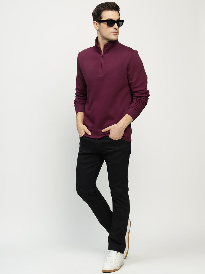 Hancock Men Burgundy Solid Cotton Rich Regular Fit Casual Sweatshirt