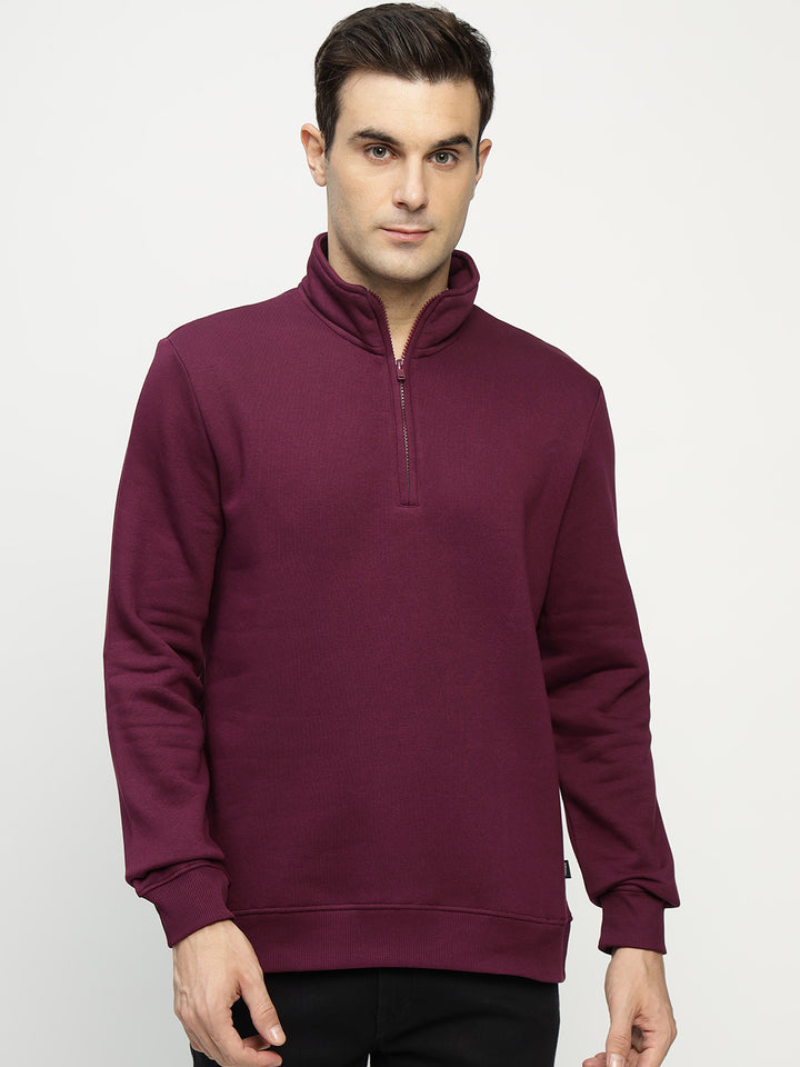 Hancock Men Burgundy Solid Cotton Rich Regular Fit Casual Sweatshirt