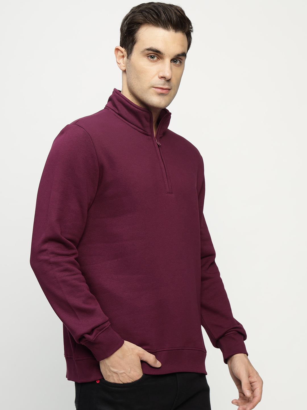 Hancock Men Burgundy Solid Cotton Rich Regular Fit Casual Sweatshirt