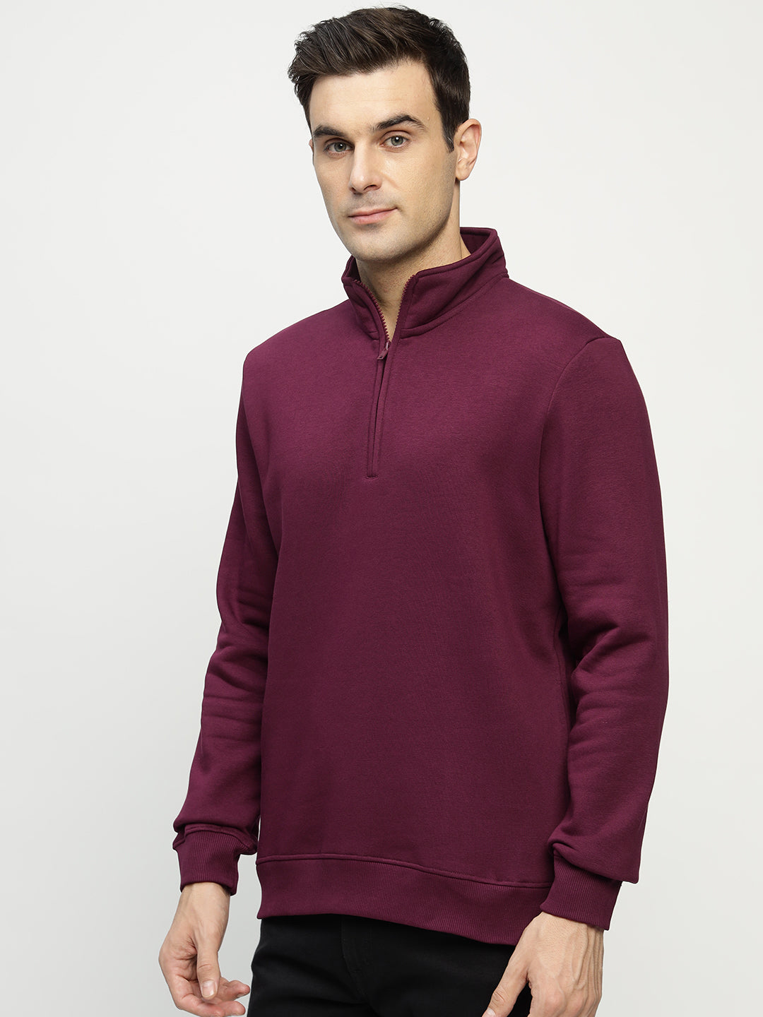 Hancock Men Burgundy Solid Cotton Rich Regular Fit Casual Sweatshirt