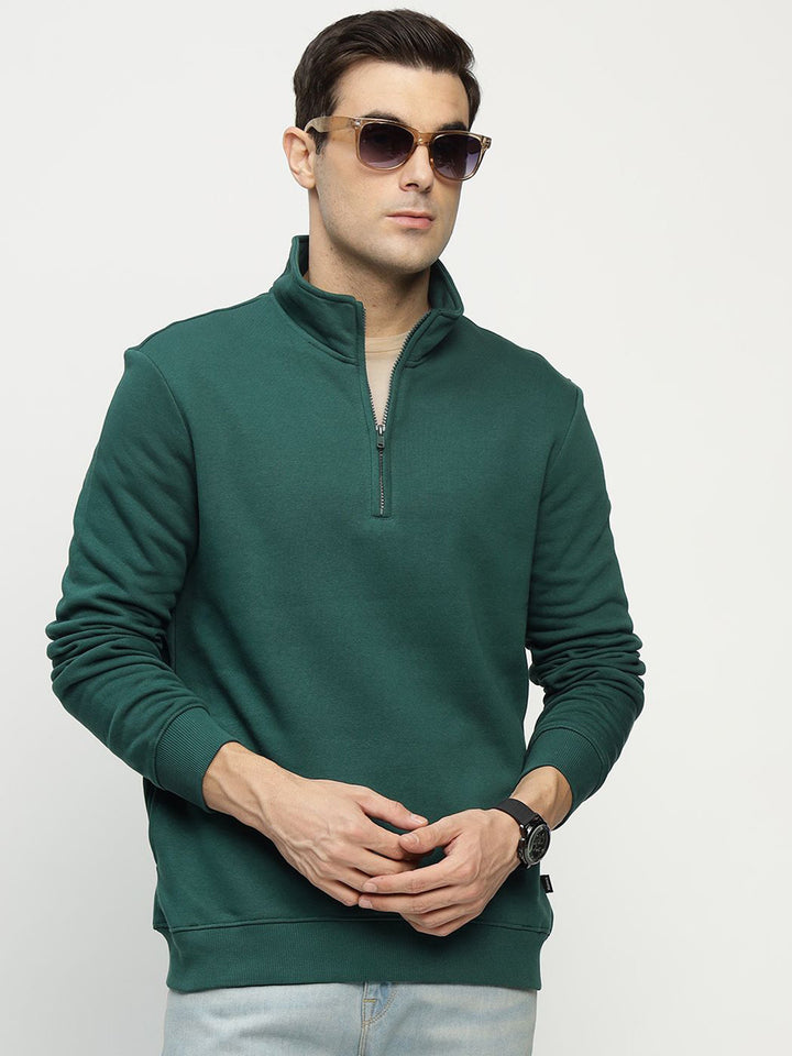 Hancock Men Bottle Green Solid Cotton Rich Regular Fit Casual Sweatshirt