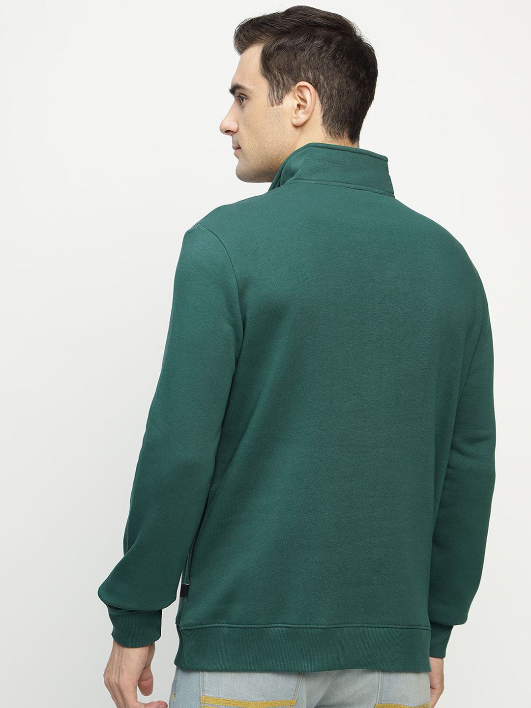 Hancock Men Bottle Green Solid Cotton Rich Regular Fit Casual Sweatshirt