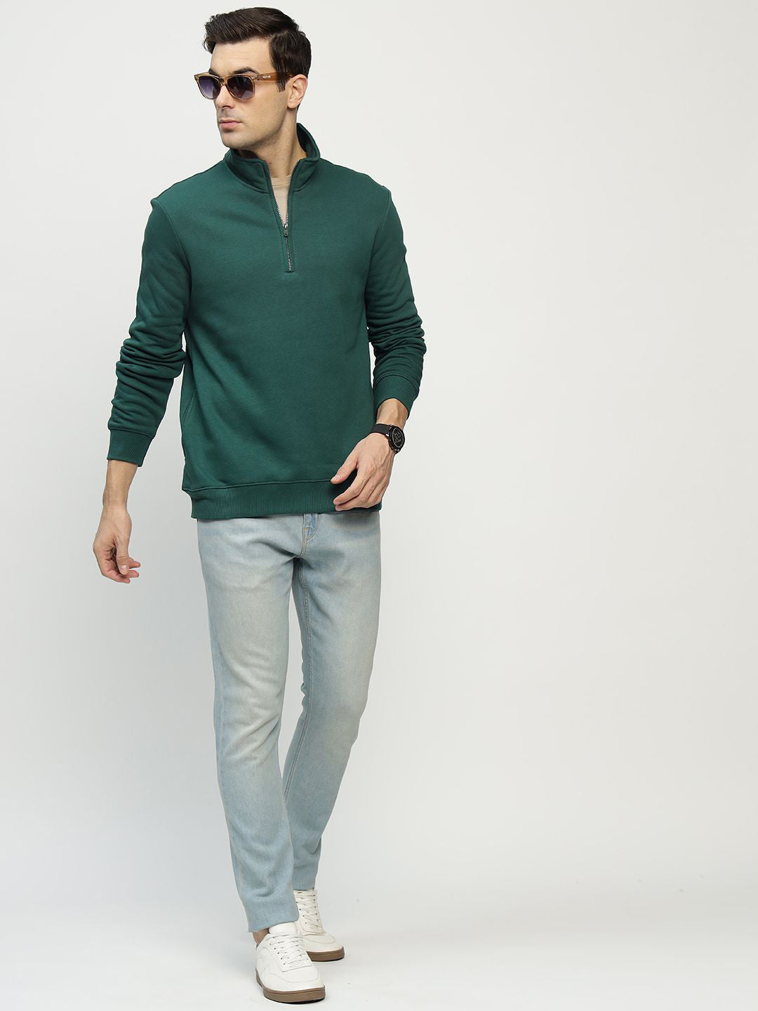 Hancock Men Bottle Green Solid Cotton Rich Regular Fit Casual Sweatshirt