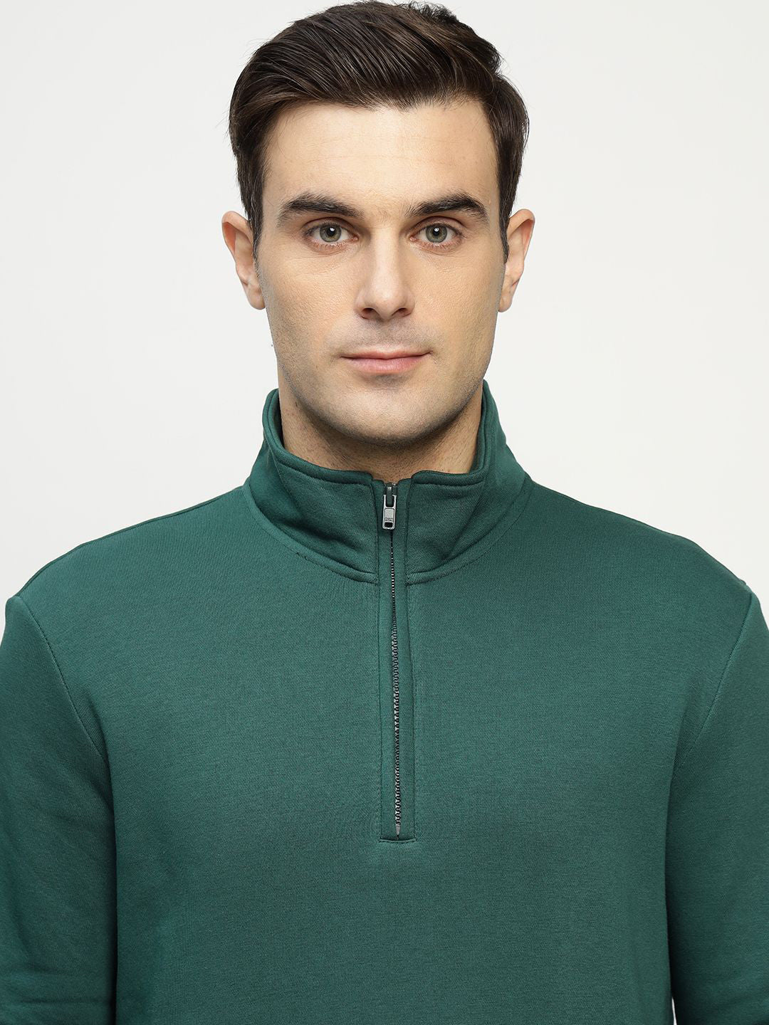 Hancock Men Bottle Green Solid Cotton Rich Regular Fit Casual Sweatshirt