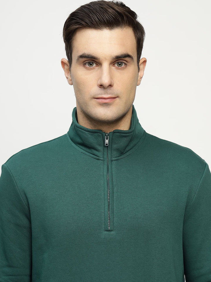 Hancock Men Bottle Green Solid Cotton Rich Regular Fit Casual Sweatshirt