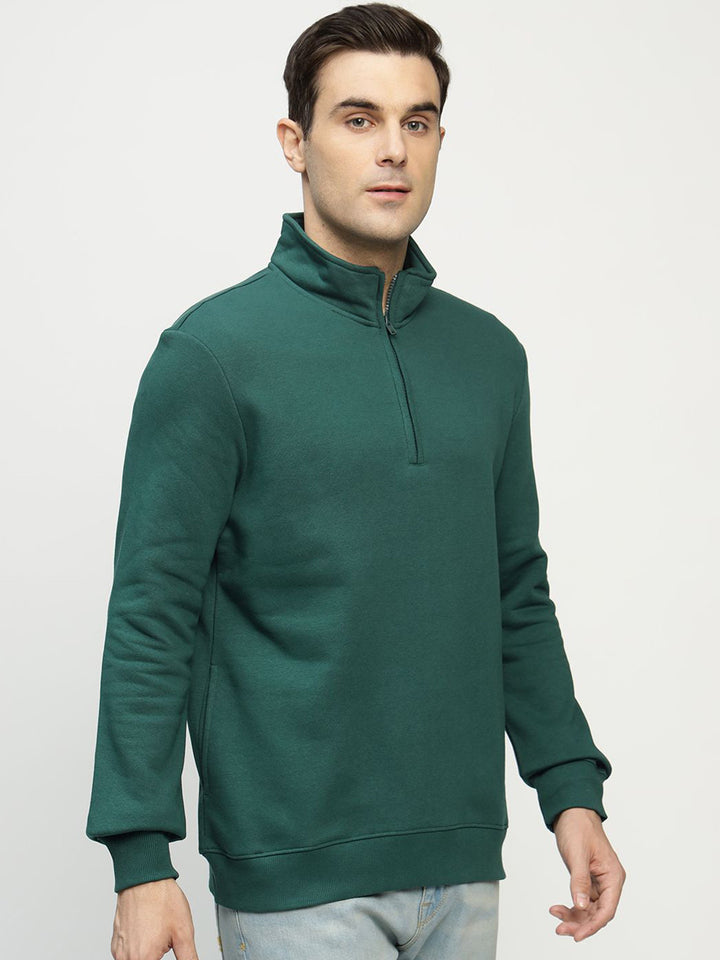 Hancock Men Bottle Green Solid Cotton Rich Regular Fit Casual Sweatshirt