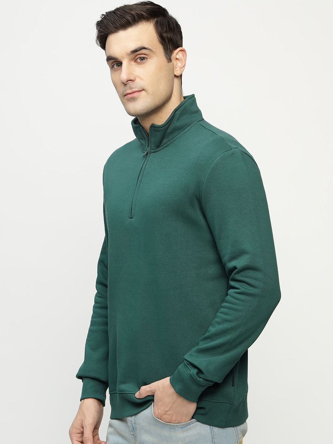 Hancock Men Bottle Green Solid Cotton Rich Regular Fit Casual Sweatshirt