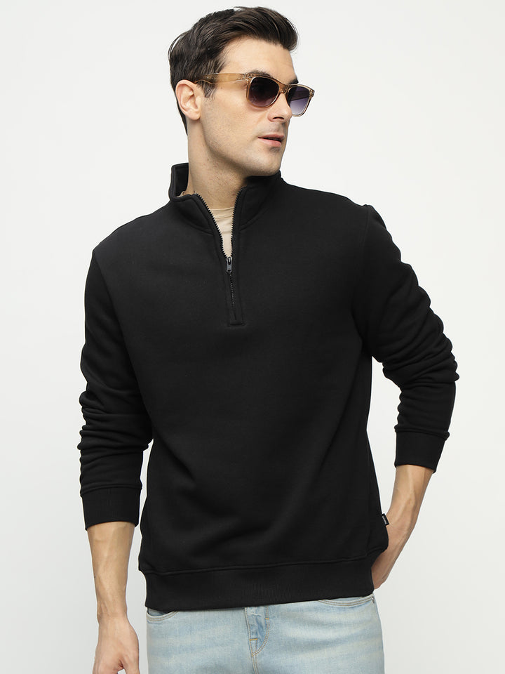 Hancock Men Black Solid Cotton Rich Regular Fit Casual Sweatshirt