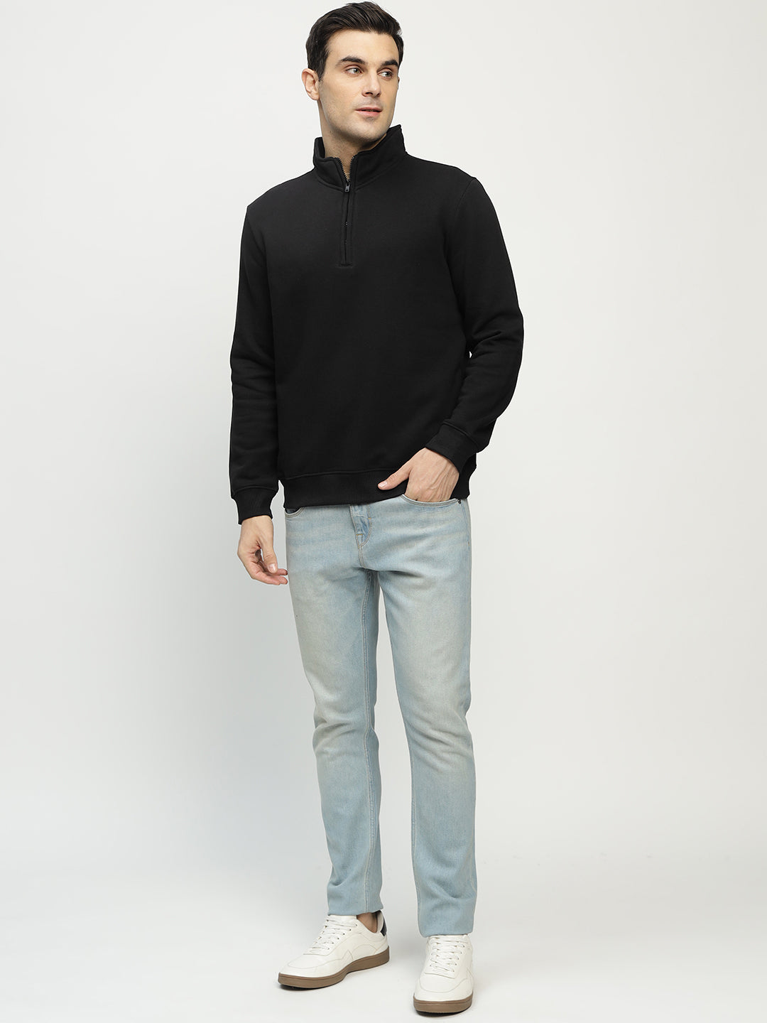 Hancock Men Black Solid Cotton Rich Regular Fit Casual Sweatshirt