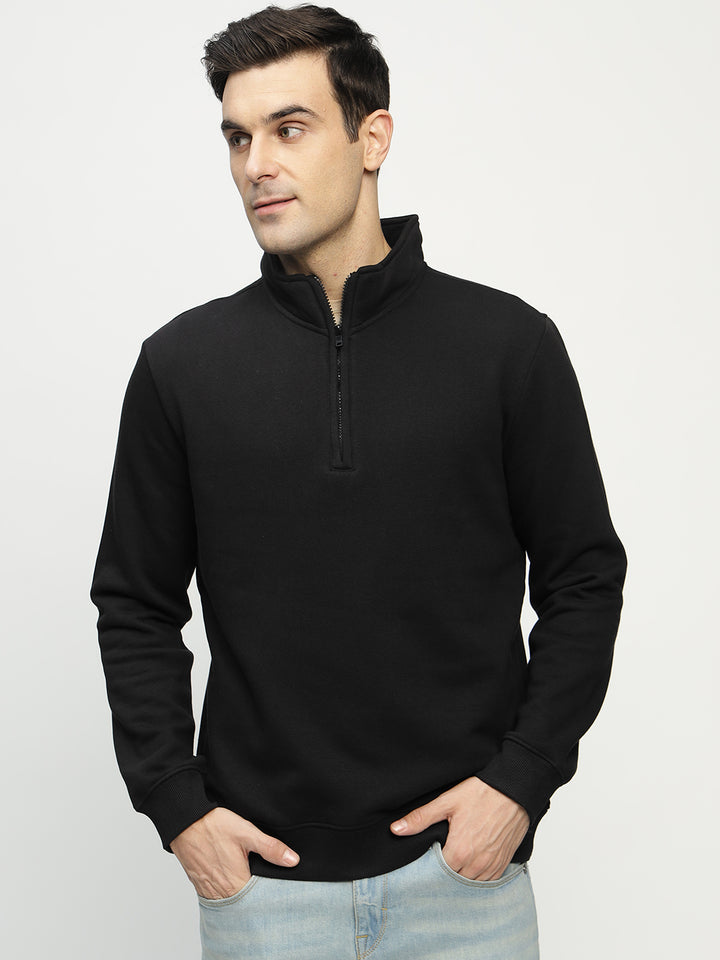 Hancock Men Black Solid Cotton Rich Regular Fit Casual Sweatshirt