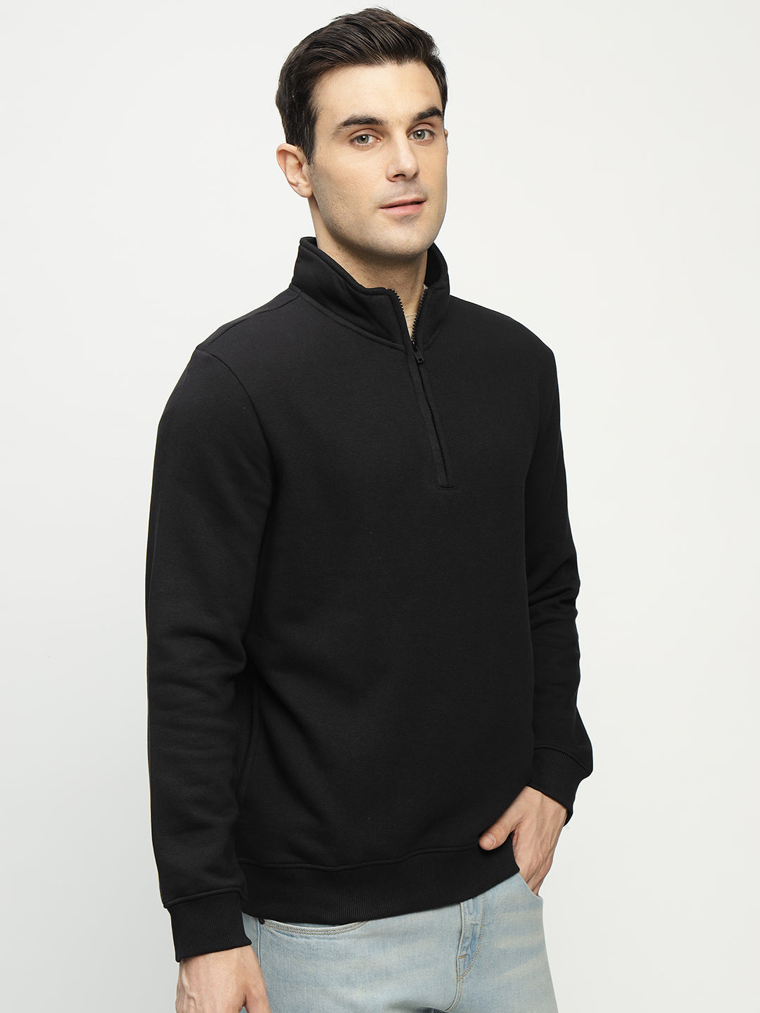 Hancock Men Black Solid Cotton Rich Regular Fit Casual Sweatshirt