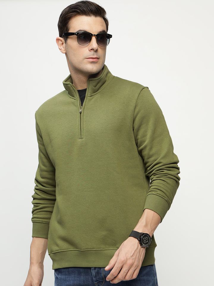 Men Olive Solid Cotton Rich Regular Fit Casual Sweatshirt