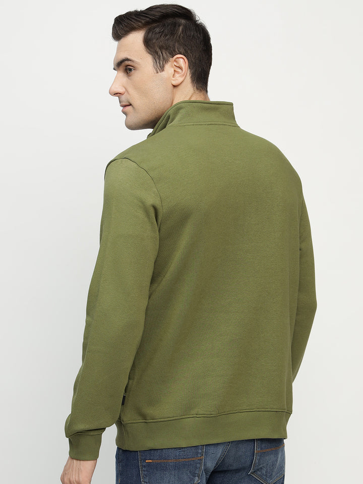 Men Olive Solid Cotton Rich Regular Fit Casual Sweatshirt