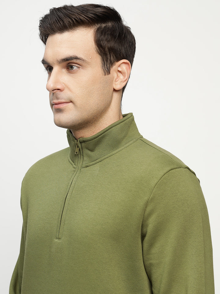 Men Olive Solid Cotton Rich Regular Fit Casual Sweatshirt