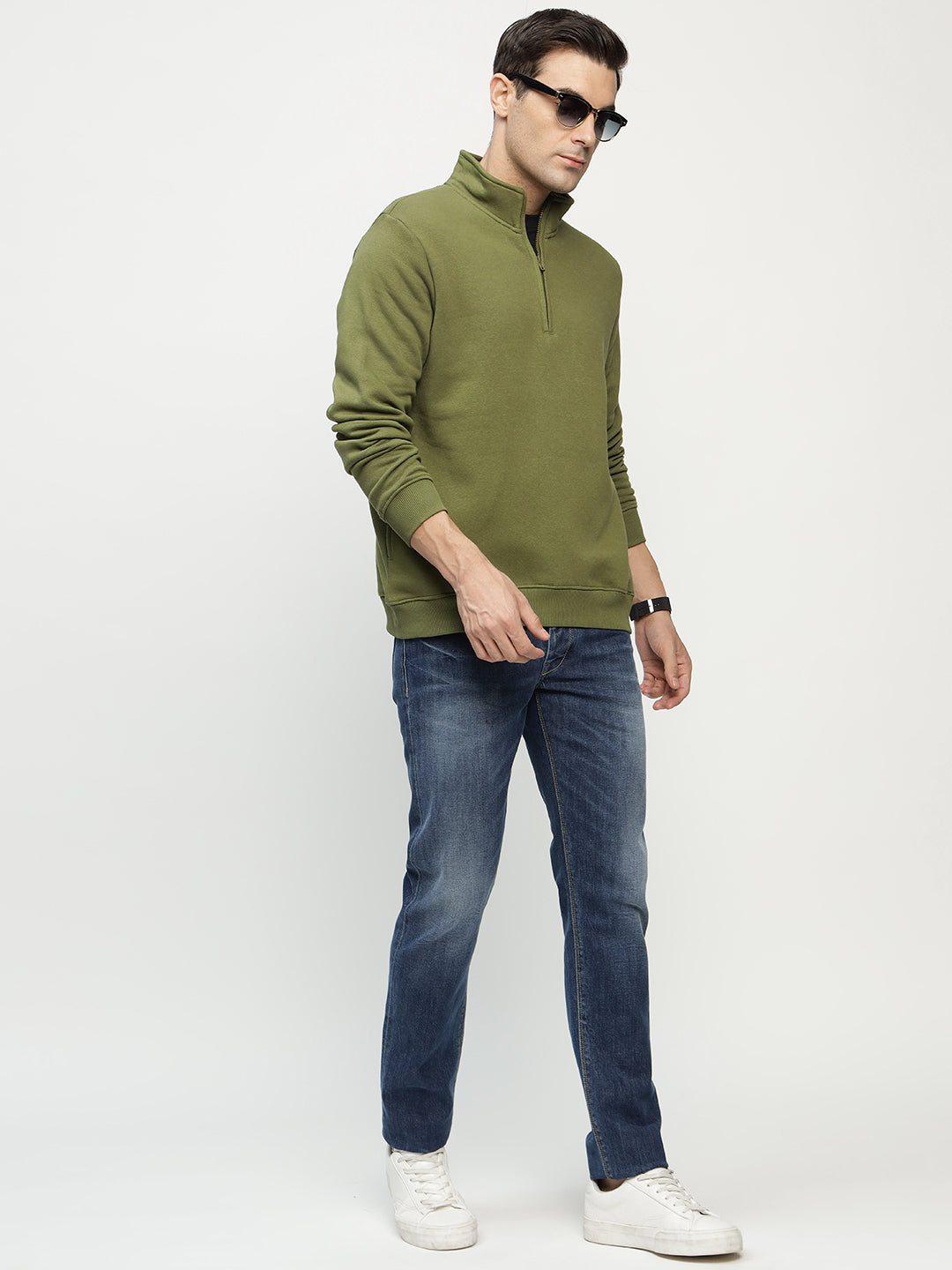 Men Olive Solid Cotton Rich Regular Fit Casual Sweatshirt