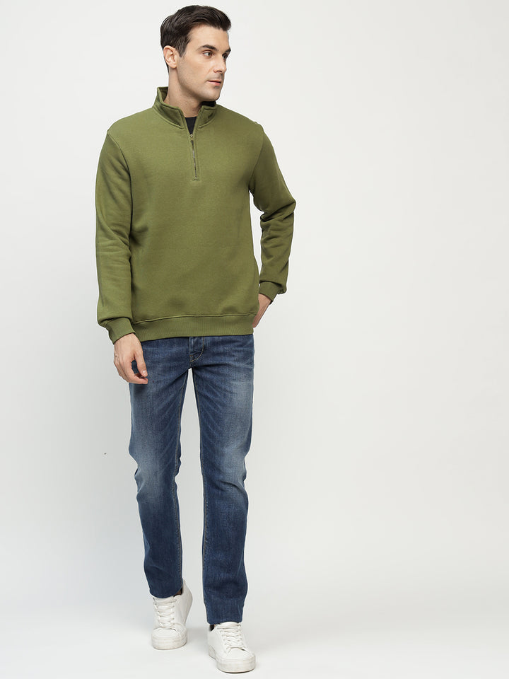 Men Olive Solid Cotton Rich Regular Fit Casual Sweatshirt