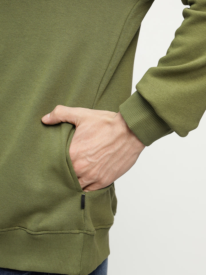 Men Olive Solid Cotton Rich Regular Fit Casual Sweatshirt