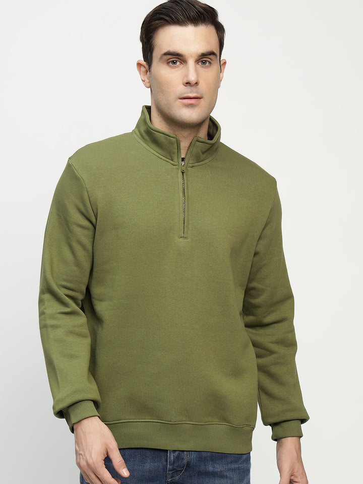Men Olive Solid Cotton Rich Regular Fit Casual Sweatshirt