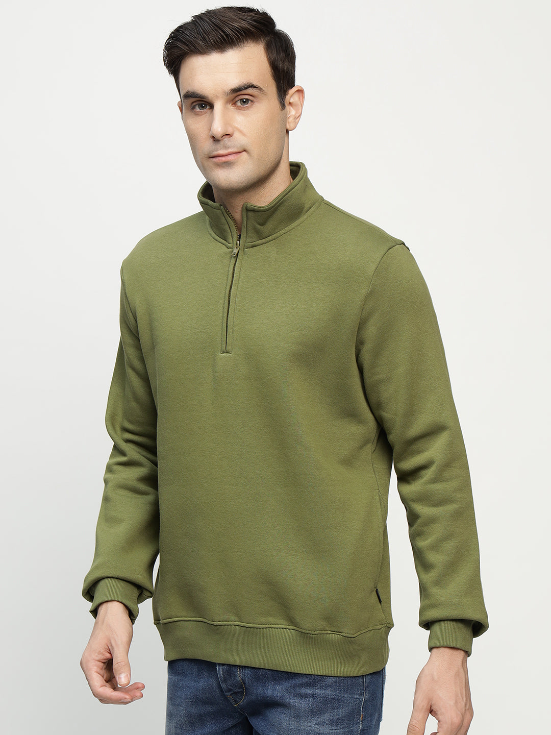 Men Olive Solid Cotton Rich Regular Fit Casual Sweatshirt