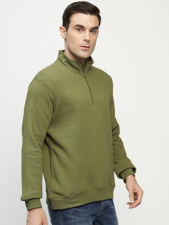 Men Olive Solid Cotton Rich Regular Fit Casual Sweatshirt
