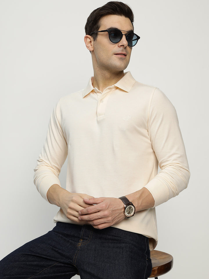Men Cream Solid Pure Cotton Slim Fit Formal Tshirt
