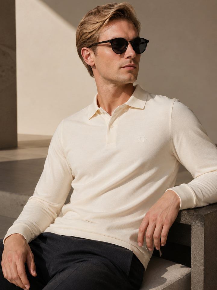 Men Cream Solid Pure Cotton Slim Fit Formal Tshirt