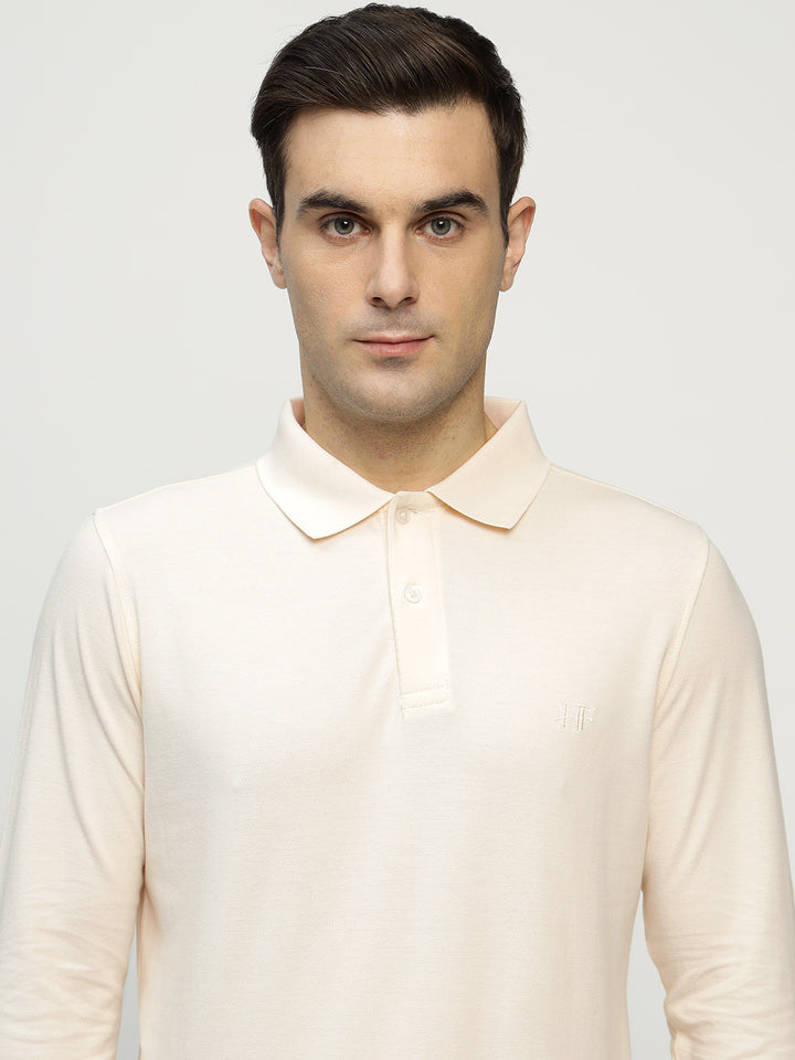 Men Cream Solid Pure Cotton Slim Fit Formal Tshirt