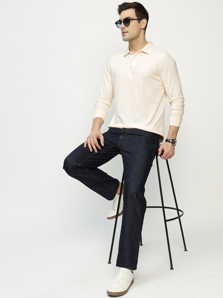 Men Cream Solid Pure Cotton Slim Fit Formal Tshirt