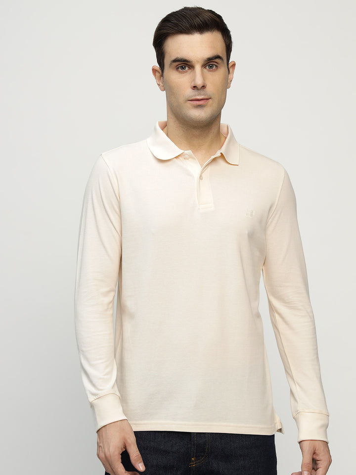 Men Cream Solid Pure Cotton Slim Fit Formal Tshirt