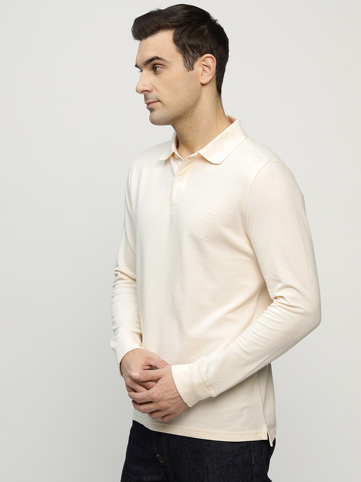 Men Cream Solid Pure Cotton Slim Fit Formal Tshirt