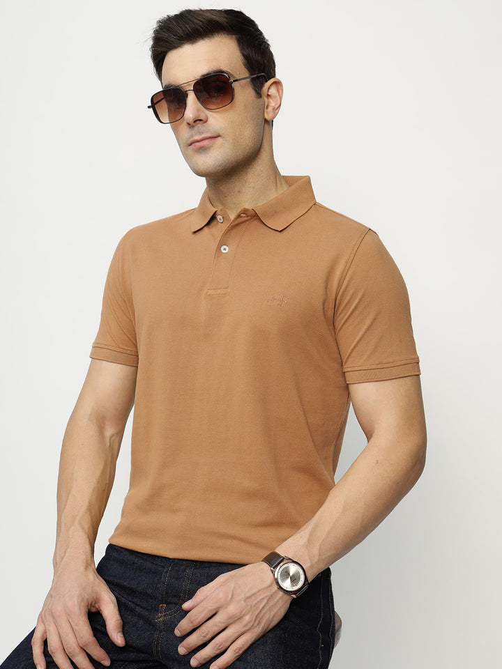 Men Tan Solid Pure Cotton Slim Fit Formal Tshirt