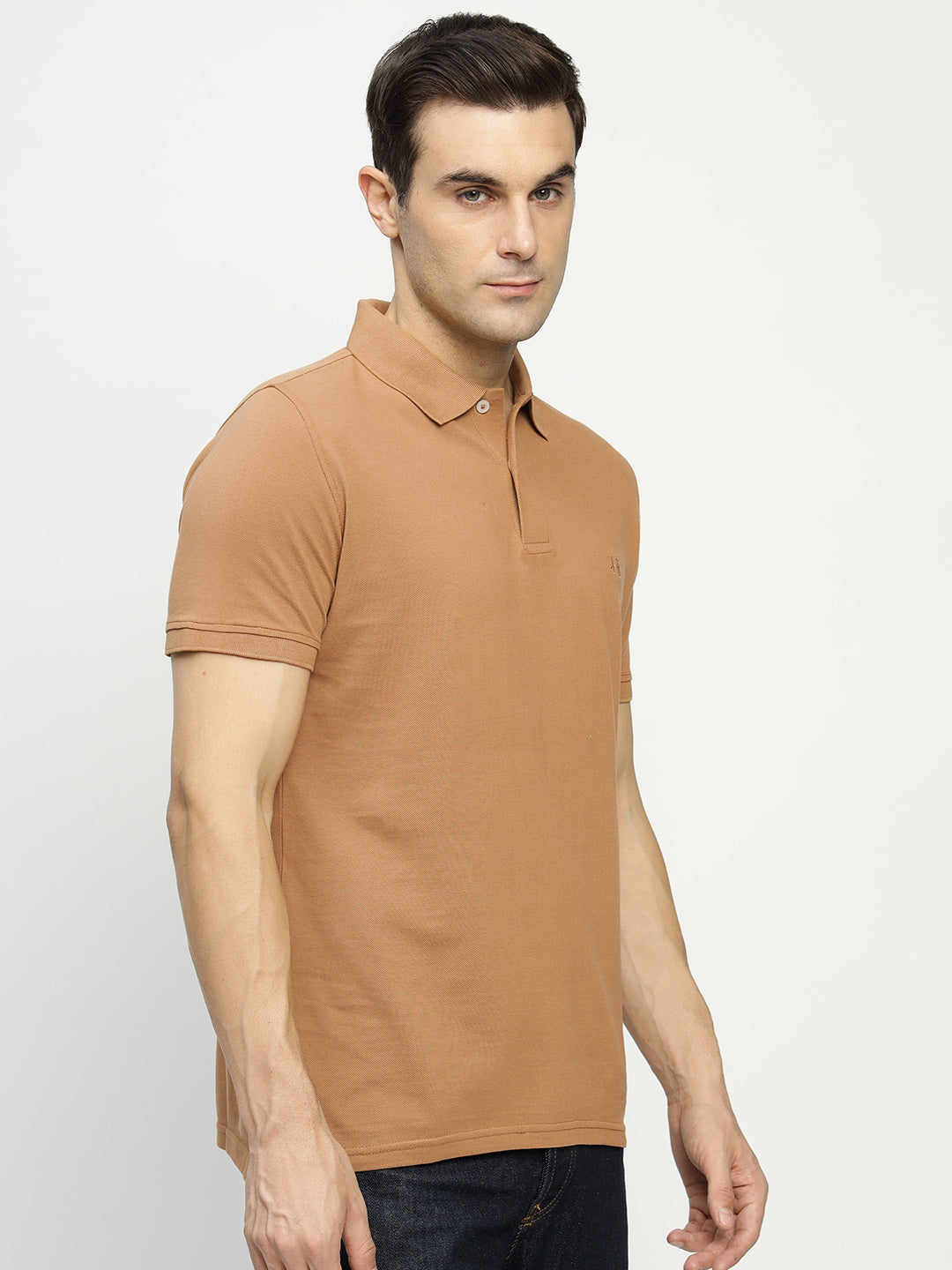 Men Tan Solid Pure Cotton Slim Fit Formal Tshirt