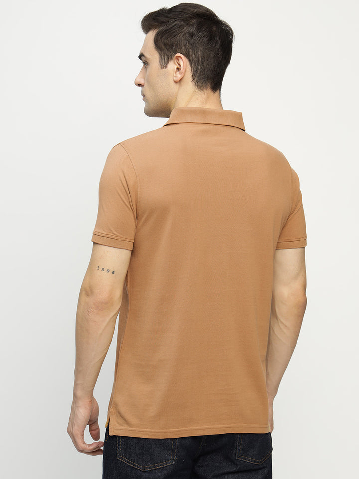 Men Tan Solid Pure Cotton Slim Fit Formal Tshirt