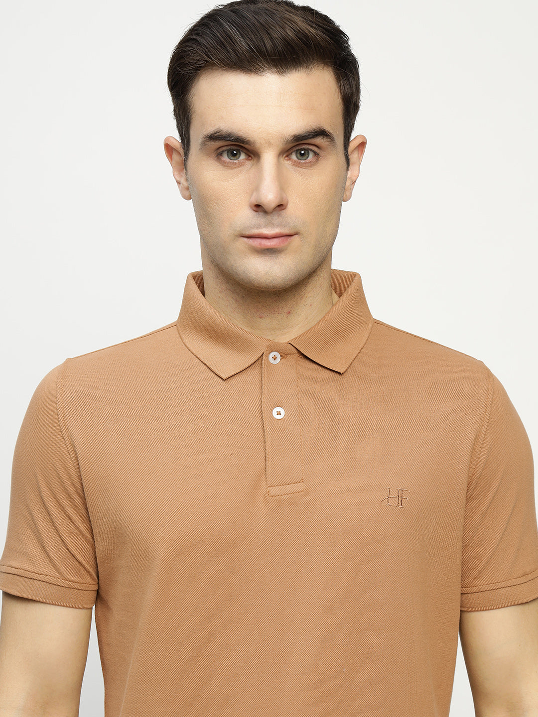 Men Tan Solid Pure Cotton Slim Fit Formal Tshirt