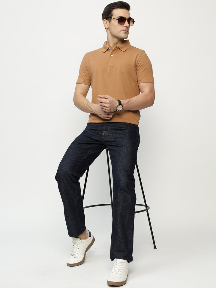 Men Tan Solid Pure Cotton Slim Fit Formal Tshirt