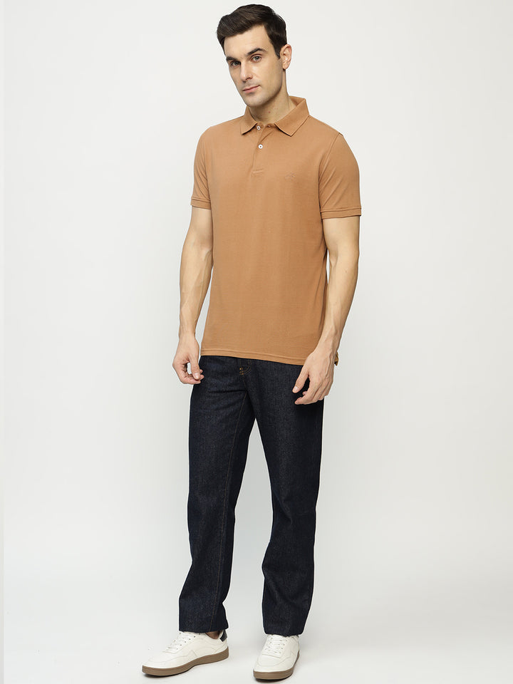 Men Tan Solid Pure Cotton Slim Fit Formal Tshirt