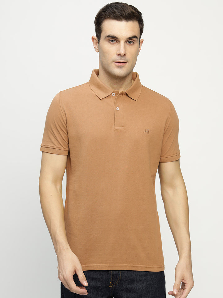 Men Tan Solid Pure Cotton Slim Fit Formal Tshirt