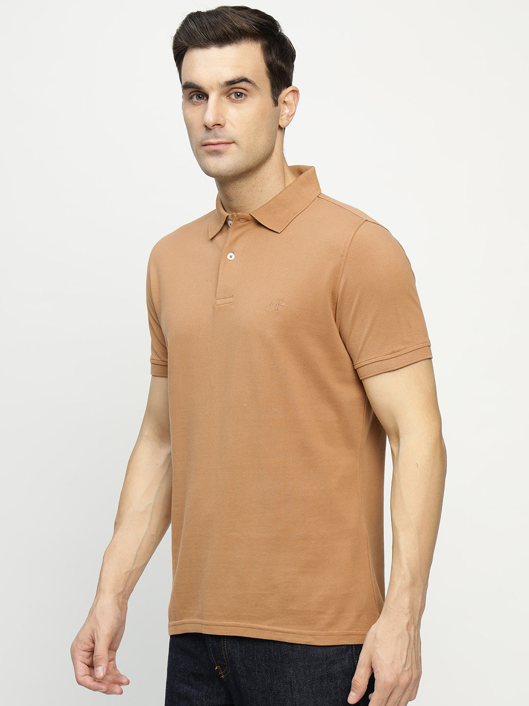 Men Tan Solid Pure Cotton Slim Fit Formal Tshirt