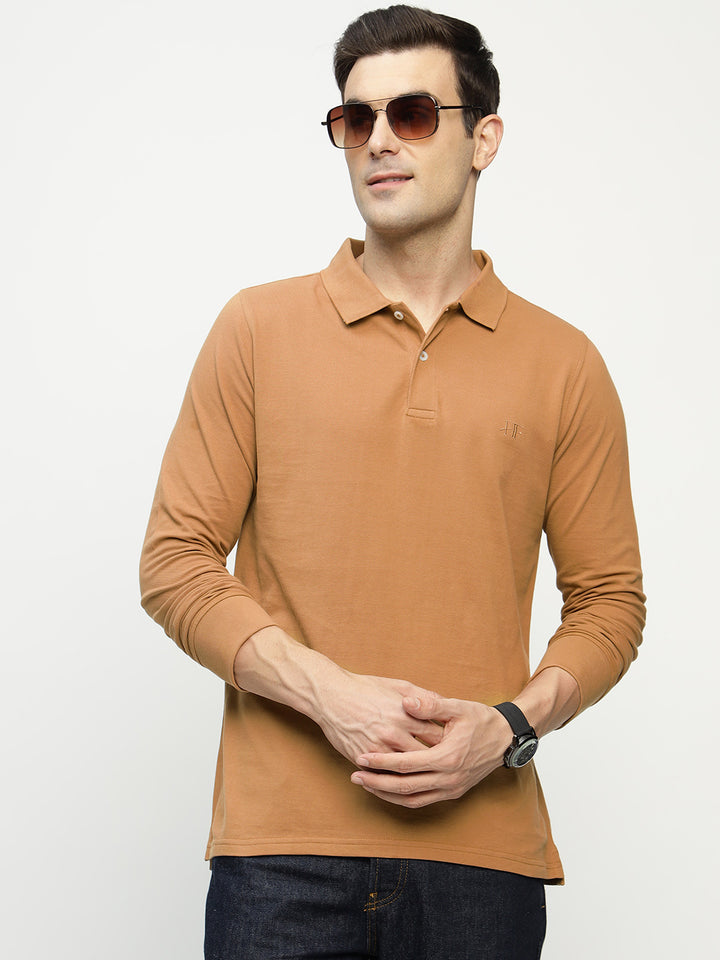 Men Tan Solid Pure Cotton Slim Fit Formal Tshirt