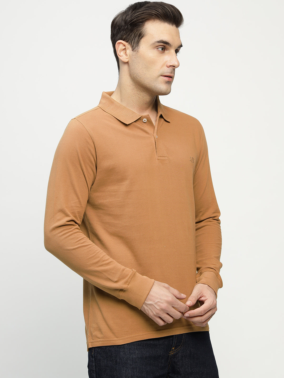 Men Tan Solid Pure Cotton Slim Fit Formal Tshirt