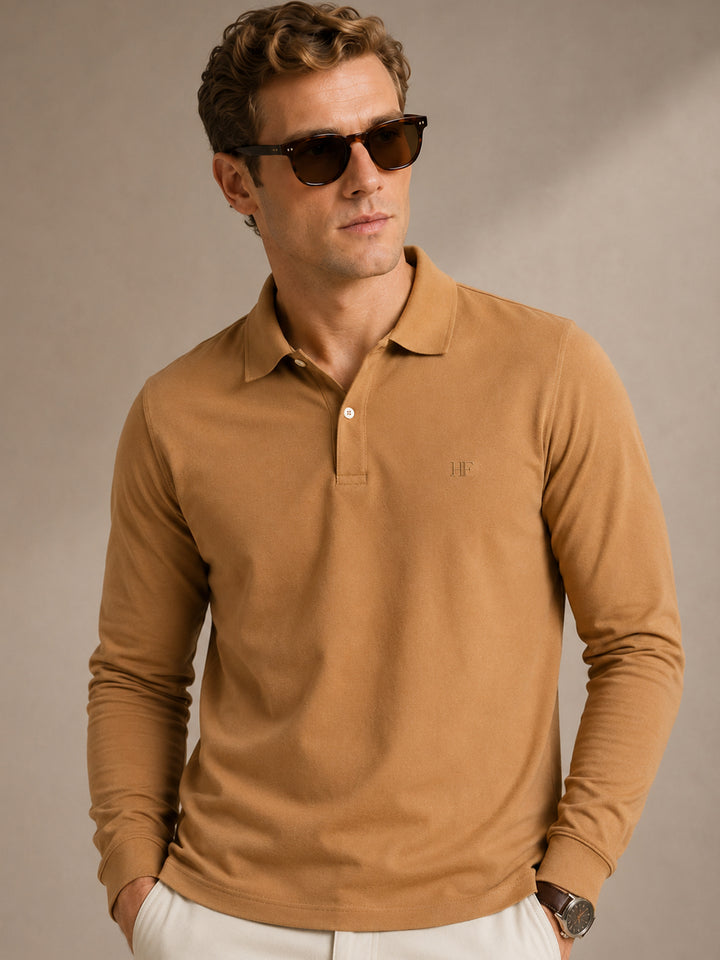 Men Tan Solid Pure Cotton Slim Fit Formal Tshirt