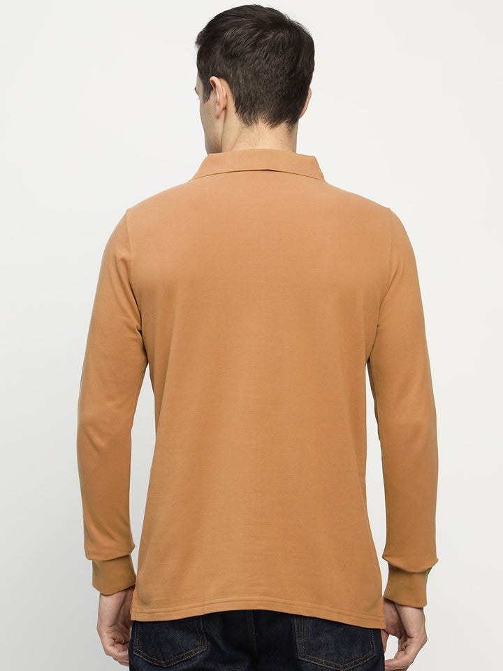 Men Tan Solid Pure Cotton Slim Fit Formal Tshirt