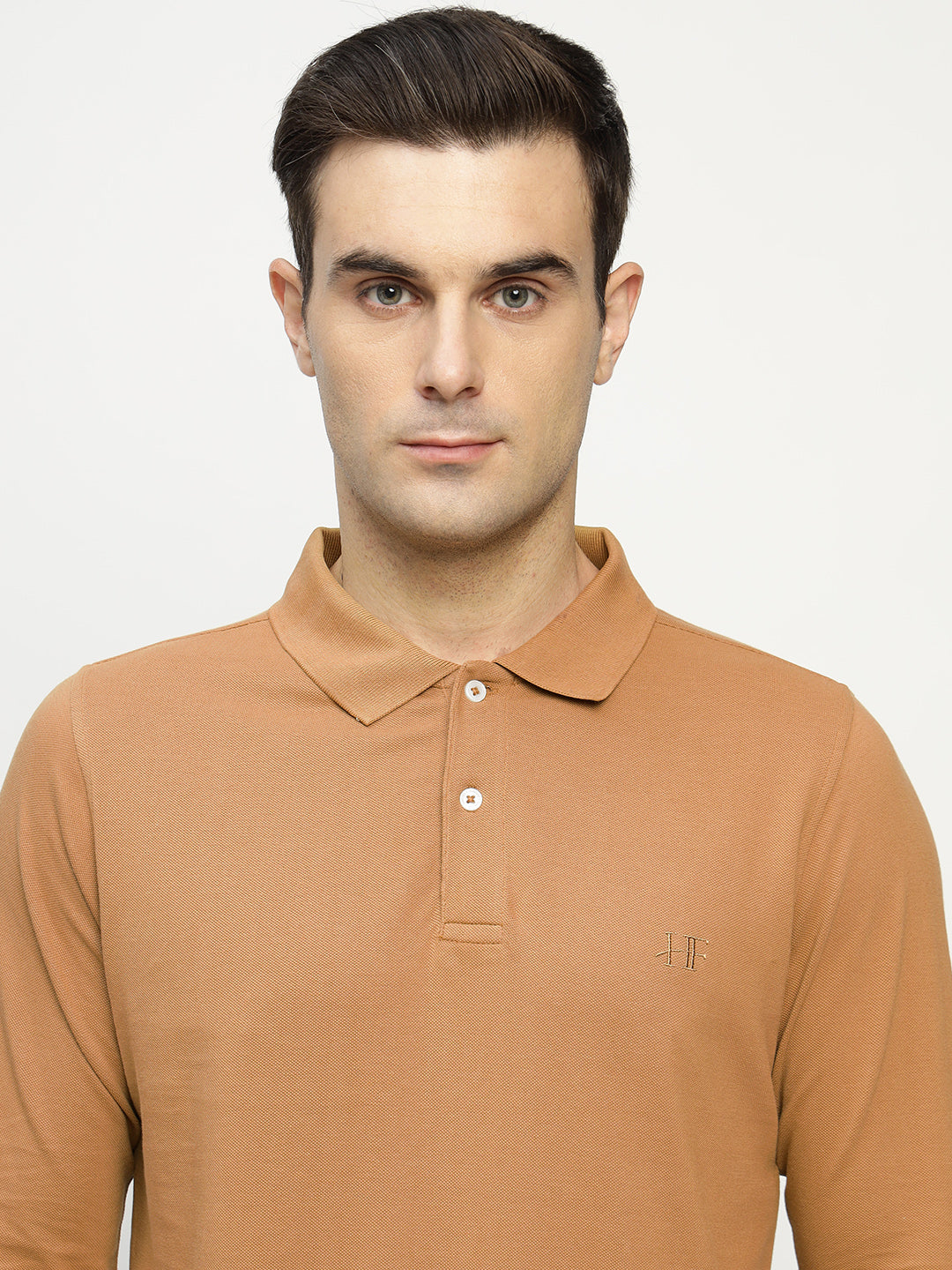 Men Tan Solid Pure Cotton Slim Fit Formal Tshirt
