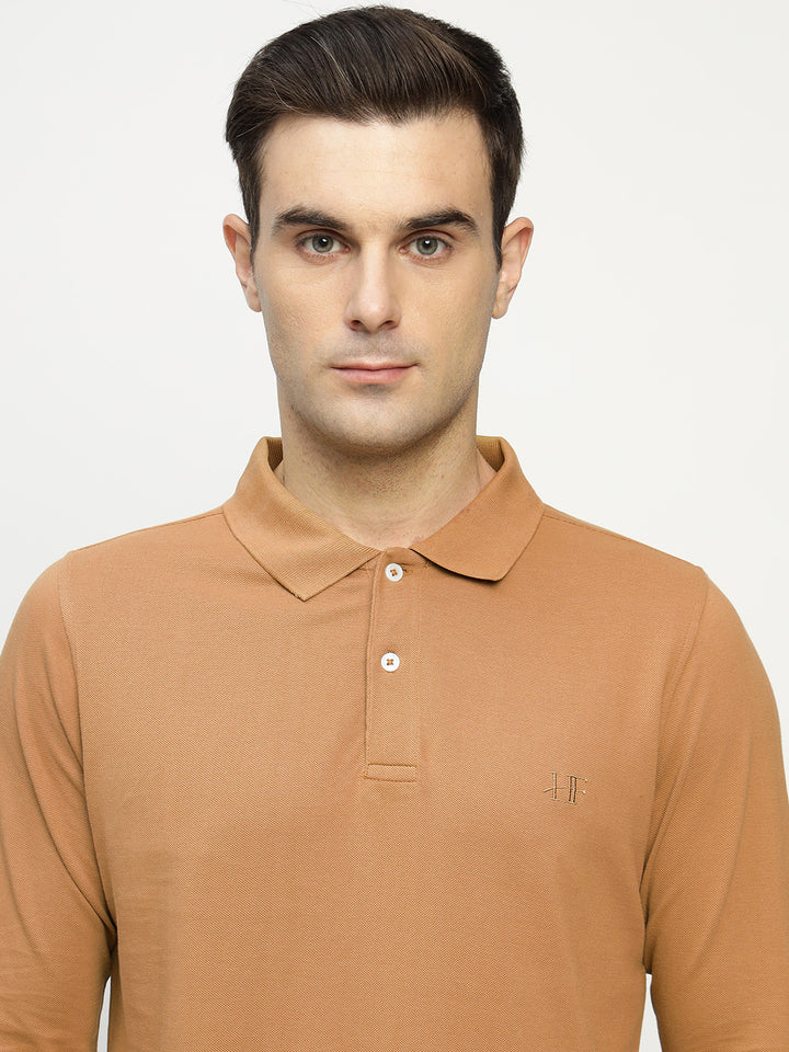 Men Tan Solid Pure Cotton Slim Fit Formal Tshirt