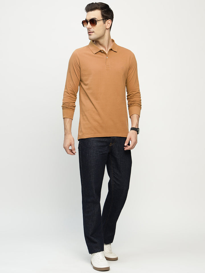 Men Tan Solid Pure Cotton Slim Fit Formal Tshirt