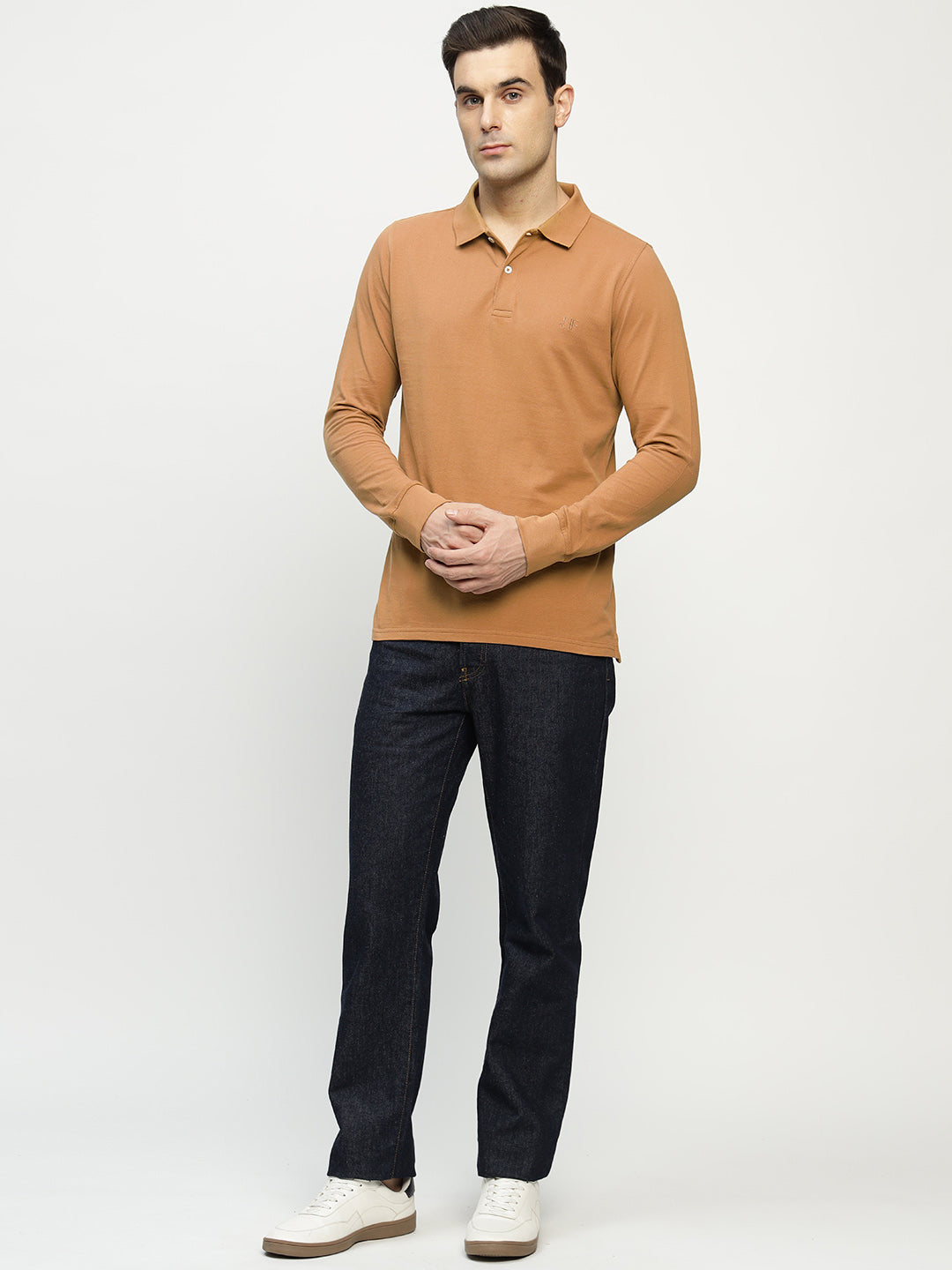 Men Tan Solid Pure Cotton Slim Fit Formal Tshirt
